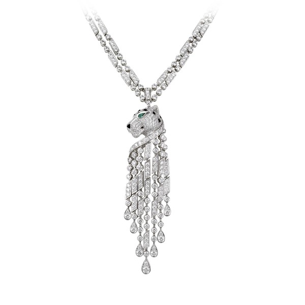 Platinum 950‰ necklace set with diamonds, onyx spots and nose, emerald eyes. Necklace length: 45.5 cm, motif dimensions: 9 cm (length) x 2.2 cm (width).