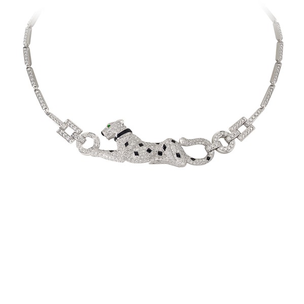 18K white gold necklace with paved diamonds, emerald eyes, onyx nose and spots.