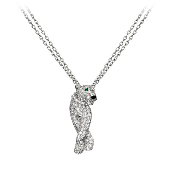 18K white gold fully diamond-paved necklace with panther motif. 258 diamonds, 2 emeralds eyes, 1 onyx nose. Height of the panther motif: 28.5 mm x width: 7.3 mm. Length adjustable from 42 to 45 cm.
