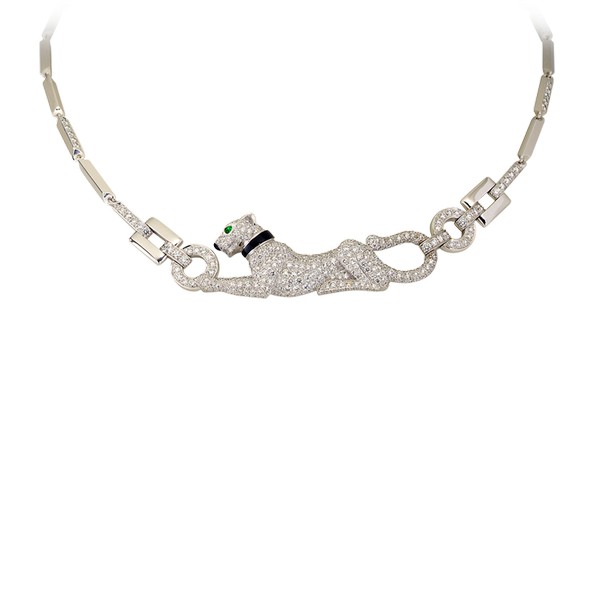 18K white gold necklace with paved diamonds, emerald eyes, onyx nose.