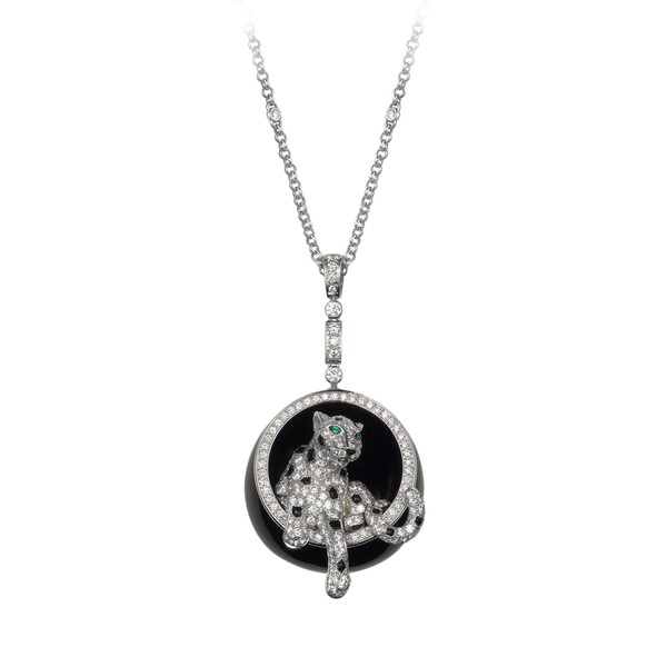 18K white gold necklace pavé-set with diamonds, set with black jade, onyx spots, onyx nose and emerald eyes. Necklace length: 65 cm. Motif height: 3 cm.