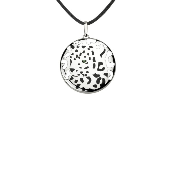 18K white gold pendant set with tsavorite garnet, onyx, black lacquer, openworked spots, on a black cord.