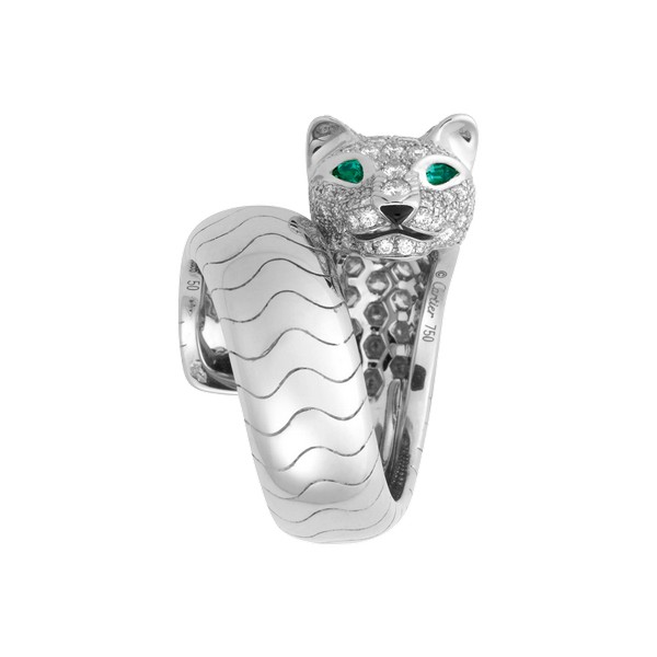 18K white gold panther motif ring with paved diamonds, emerald eyes, onyx nose.