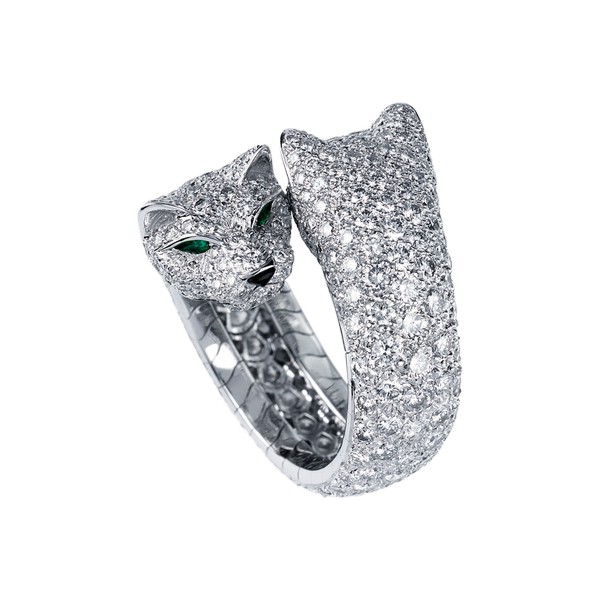 18K white gold ring with paved diamonds, emerald eyes, onyx nose.