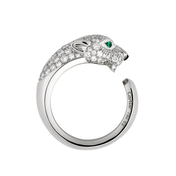 18K white gold ring, diamond-paved head with 2 emeralds eyes and an onyx nose, metrics from 44 to 58.