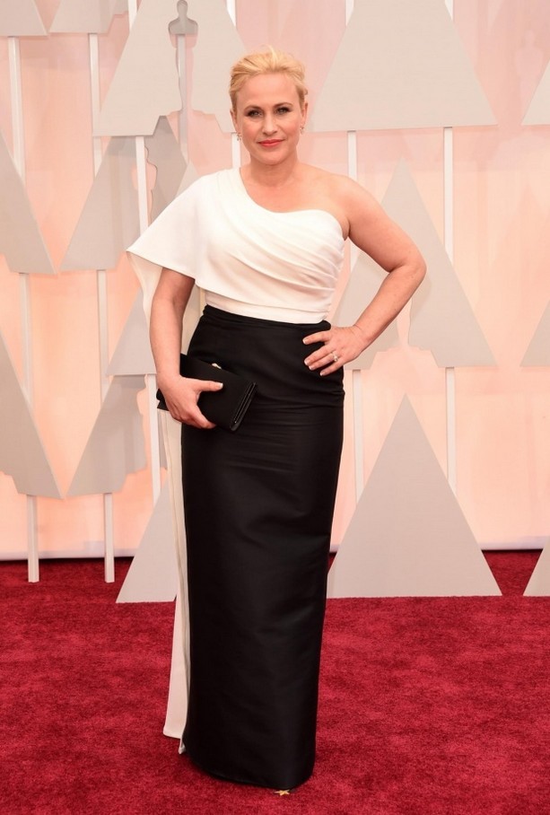 Patricia Arquette was wearing a one-shoulder black-and-white gown designed by her childhood BFF, Rosetta Getty