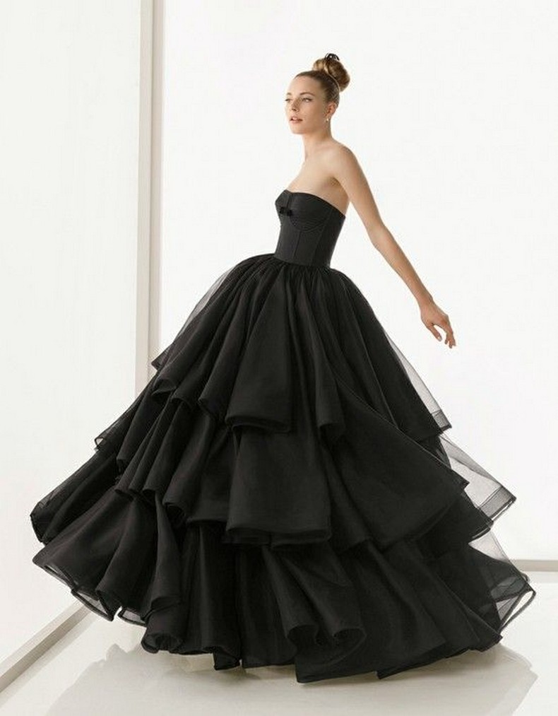 Strapless black ball gown wedding dress