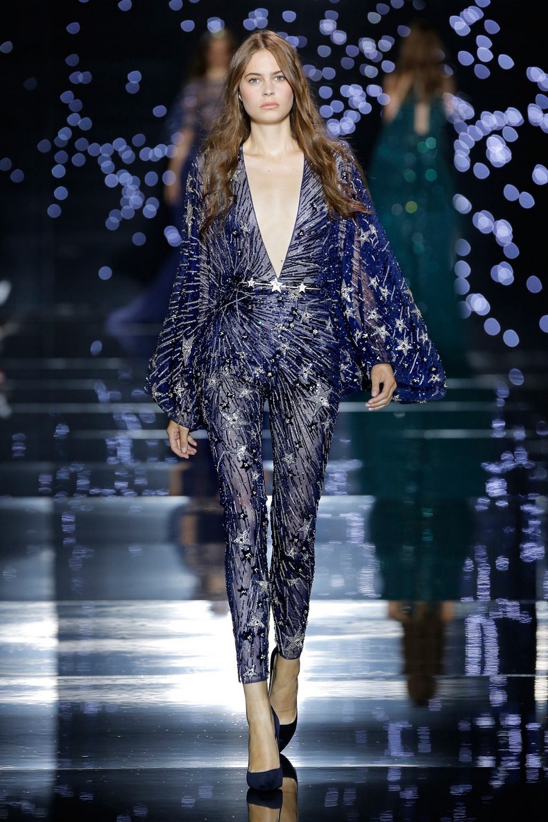 Zuhair Murad Haute Couture FW 2016 - Galaxy blue silk tulle jumpsuit with a plunging neckline, kimono sleeves and star rainfall embroidery